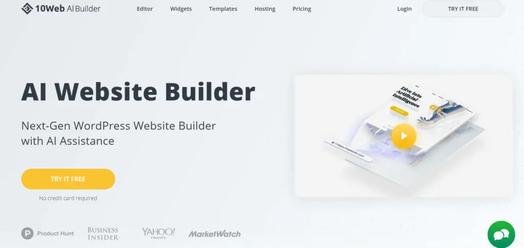 Ten AI Website Builder homepage