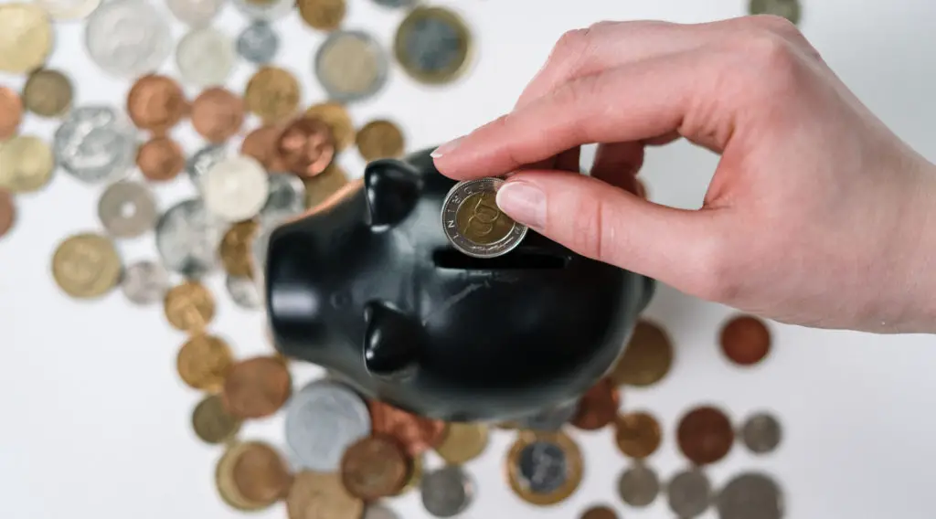 Person putting coin in a piggy bank